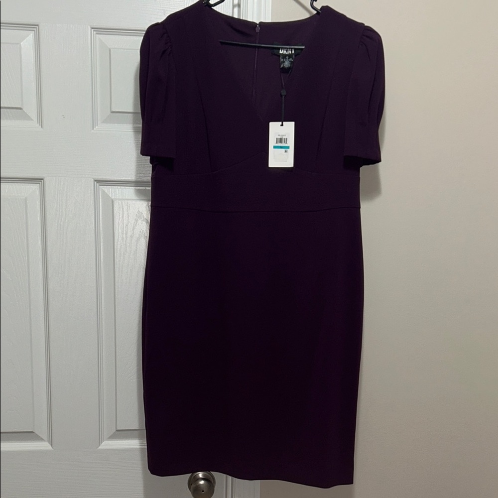DKNY Deep Purple V-Neck Puff Sleeve Mini Dress